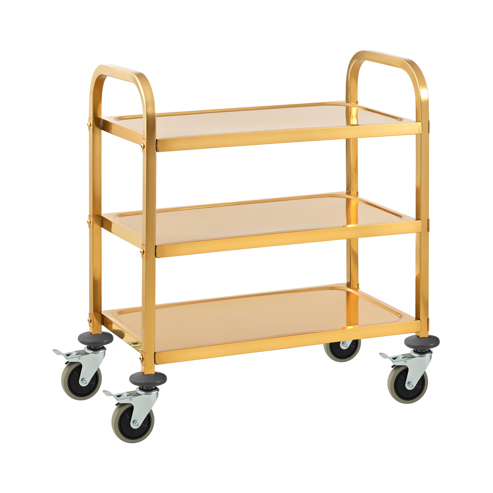 Servierwagen - Edelstahl - 3 Borde - Ablagen: 69 x 40 cm - 300 kg - Anivibrationsmatten - golden - Royal Catering RCSW 2.1G