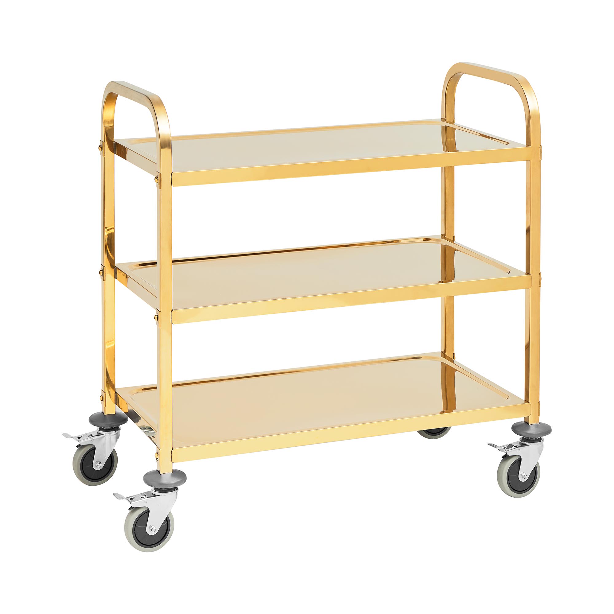 Servierwagen - Edelstahl - 3 Borde - Ablagen: 80 x 45 cm - 300 kg - Anivibrationsmatten - golden - Royal Catering RCSW 2.2G