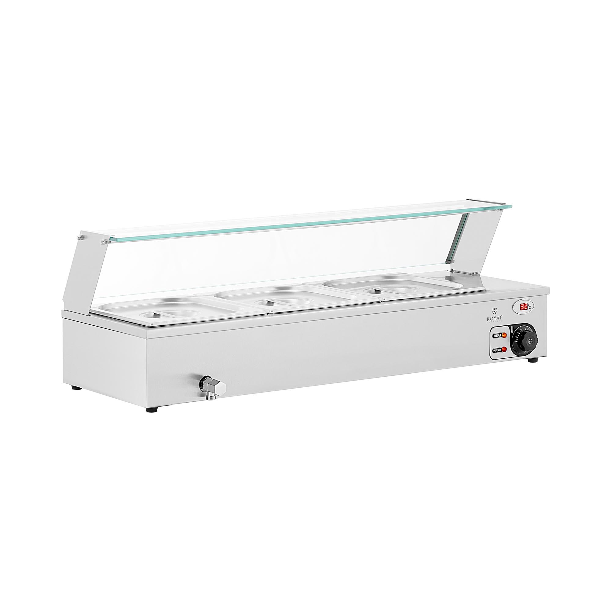 Bain Marie - 2,000 W - 3 GN 1/2 - Aftapkraan - Glasbeschermer