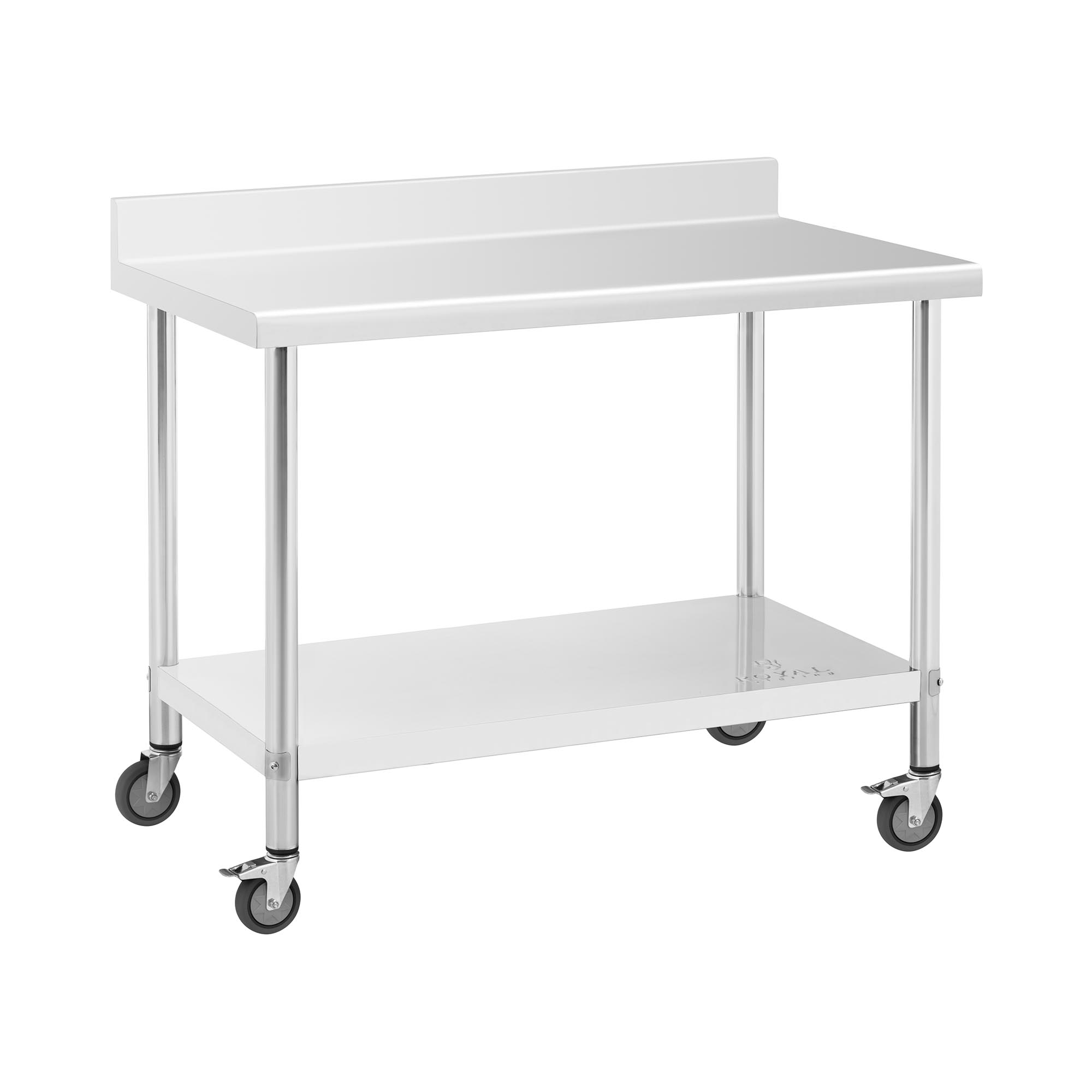 RVS tafel op wielen - PREMIUM - 60 x 120 cm - 158 kg - achterwand - Royal Catering