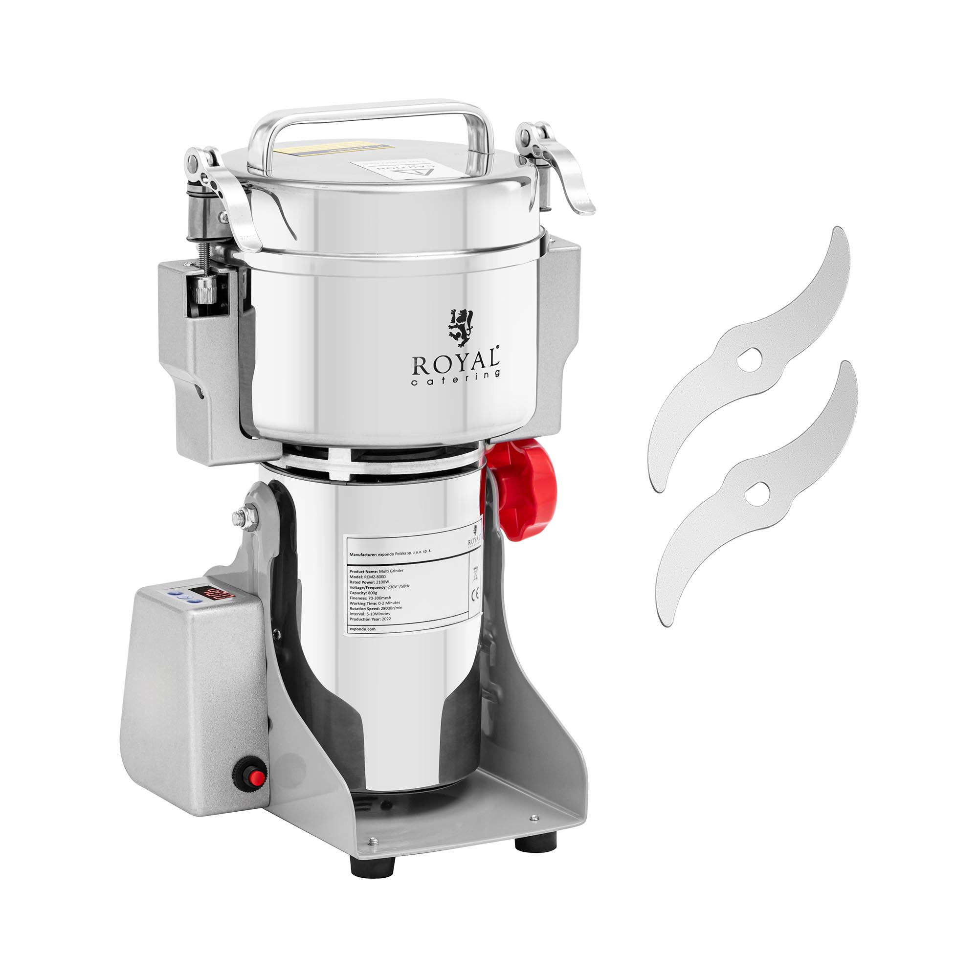 Elektrische kruidenmolen - 800 g - 17 x 9 cm - 2100 W - digitaal - Royal Catering