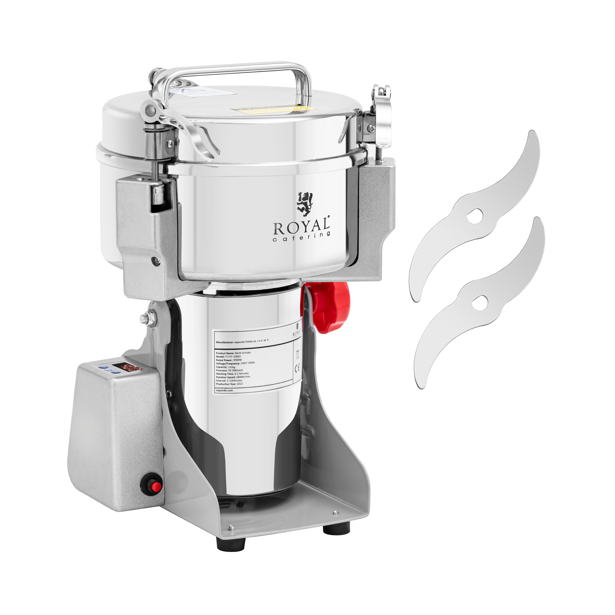 Elektrische kruidenmolen - 1000 g - 20 x 9 cm - 3000 W - digitaal - Royal Catering