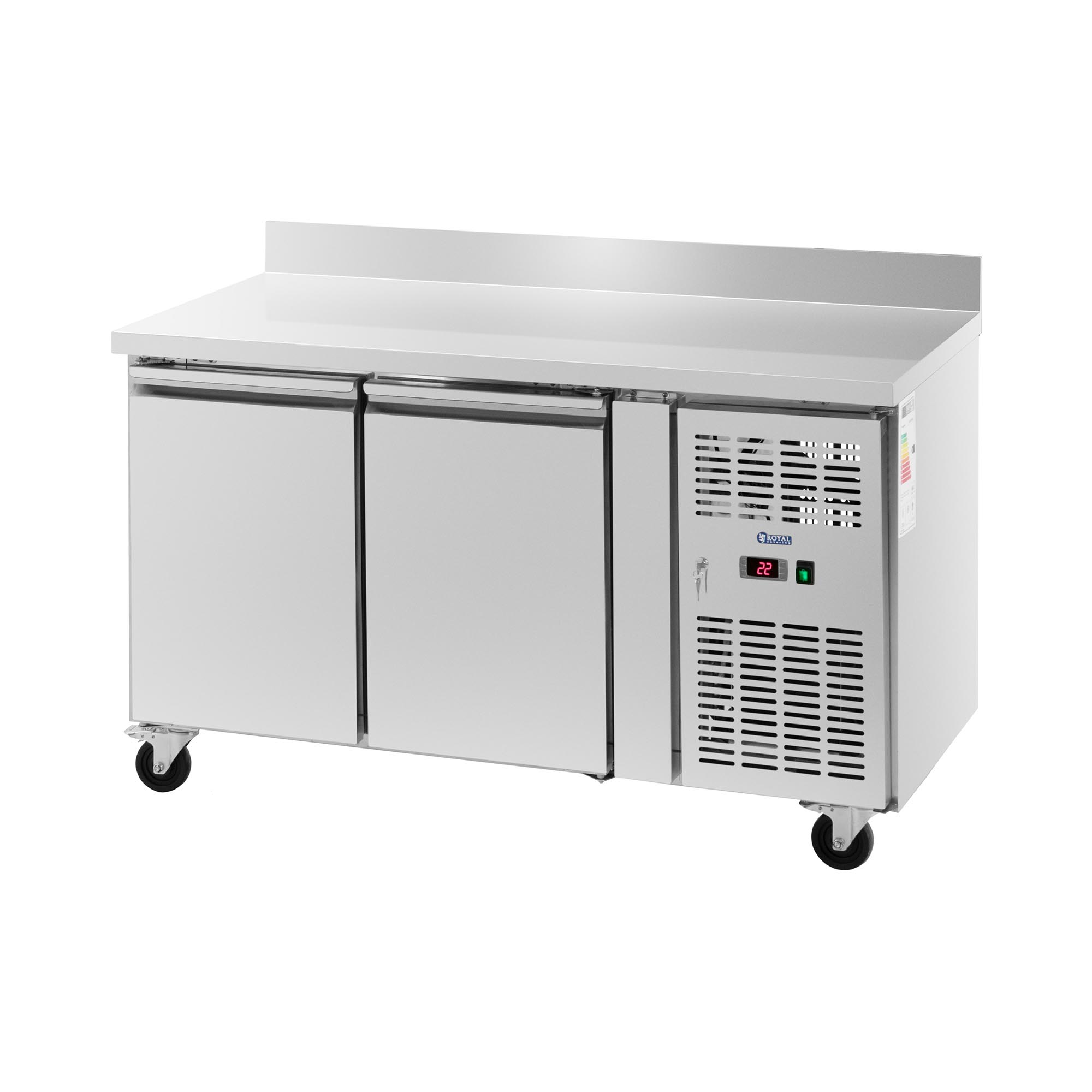 Koeltafel op wielen - 260 l - 2 compartimenten - 136 x 70 cm - Klasse B - Achterwand - RVS - Royal Catering