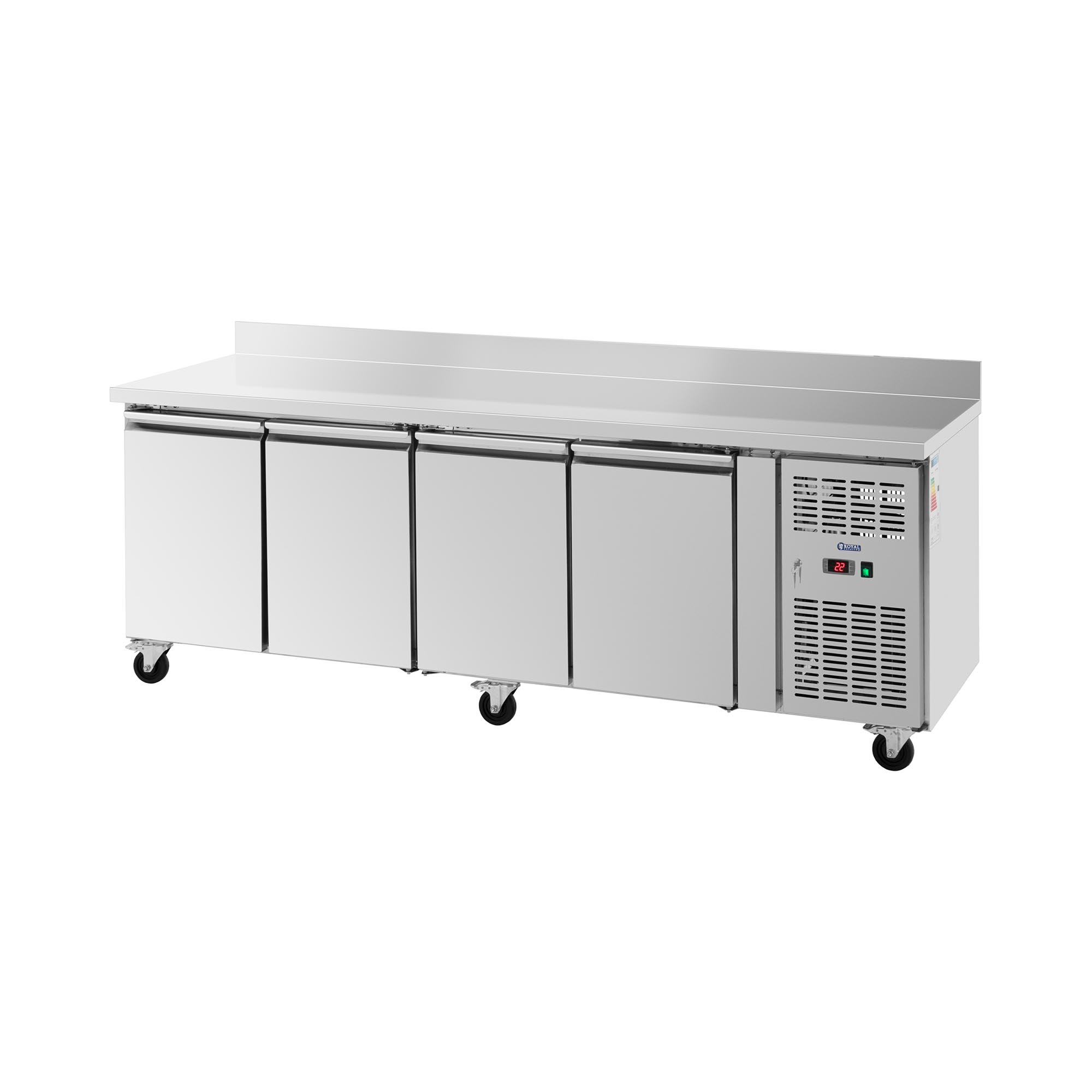 Koeltafel op wielen - 550 l - 4 compartimenten - 223 x 70 cm - Klasse B - Achterwand - RVS - Royal Catering