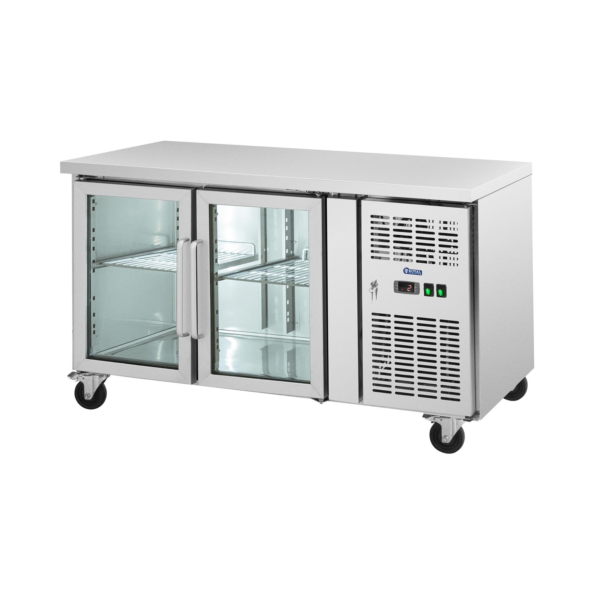 Koeltafel op wielen - 280 l - 2 glazen deuren - 136 x 70 cm - Klasse B - RVS - Royal Catering