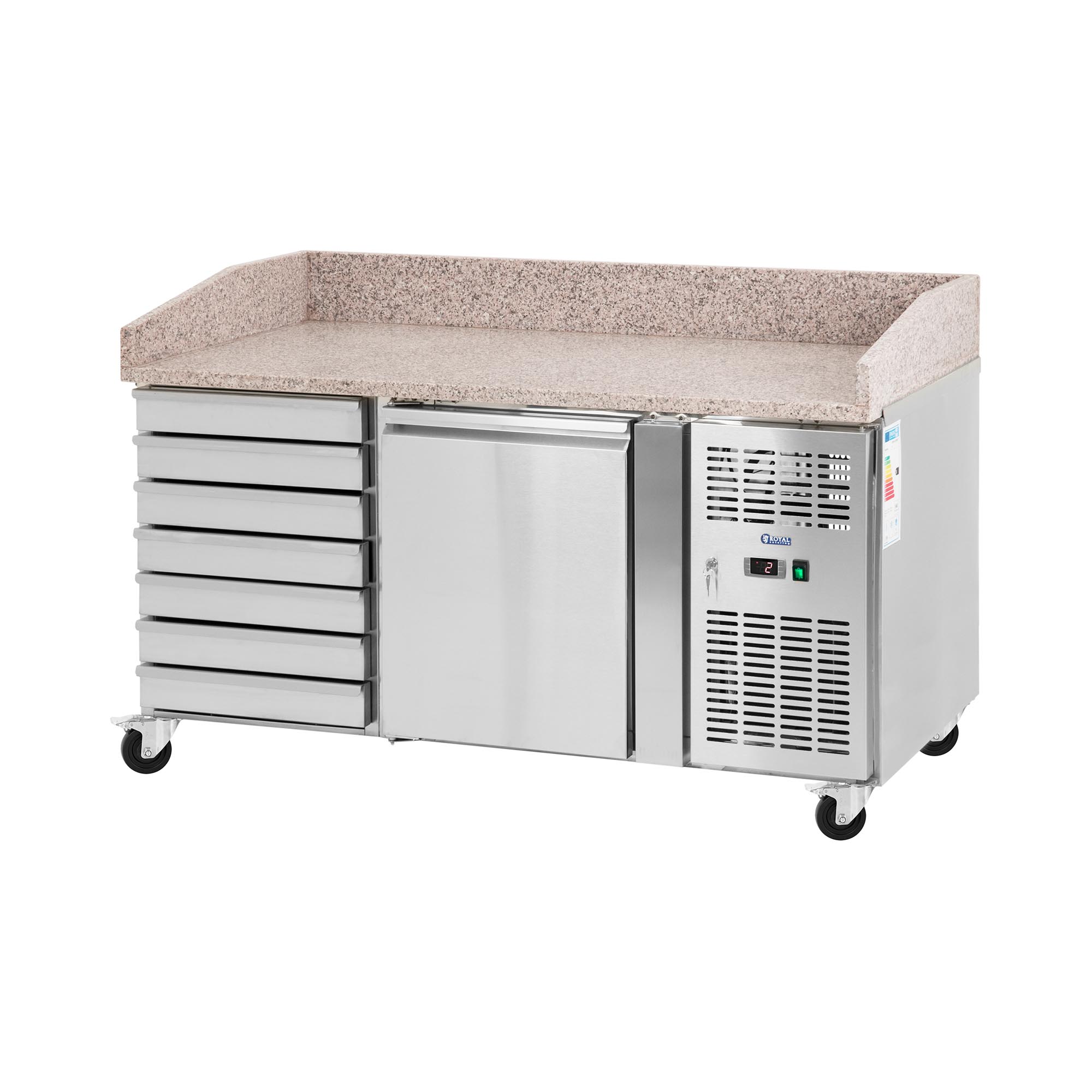 Koeltafel op wielen - 165 l - 1 vak - 7 laden - 151 x 80 cm - Klasse B - RVS - Royal Catering