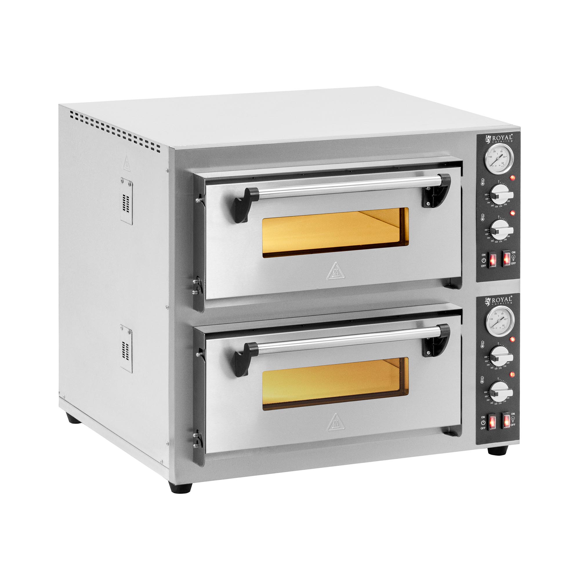Elektrische Pizzaoven - 4+4 x 25 cm - 2 kamers - 8400 W - 400 V - vuurvaste steen - Royal Catering