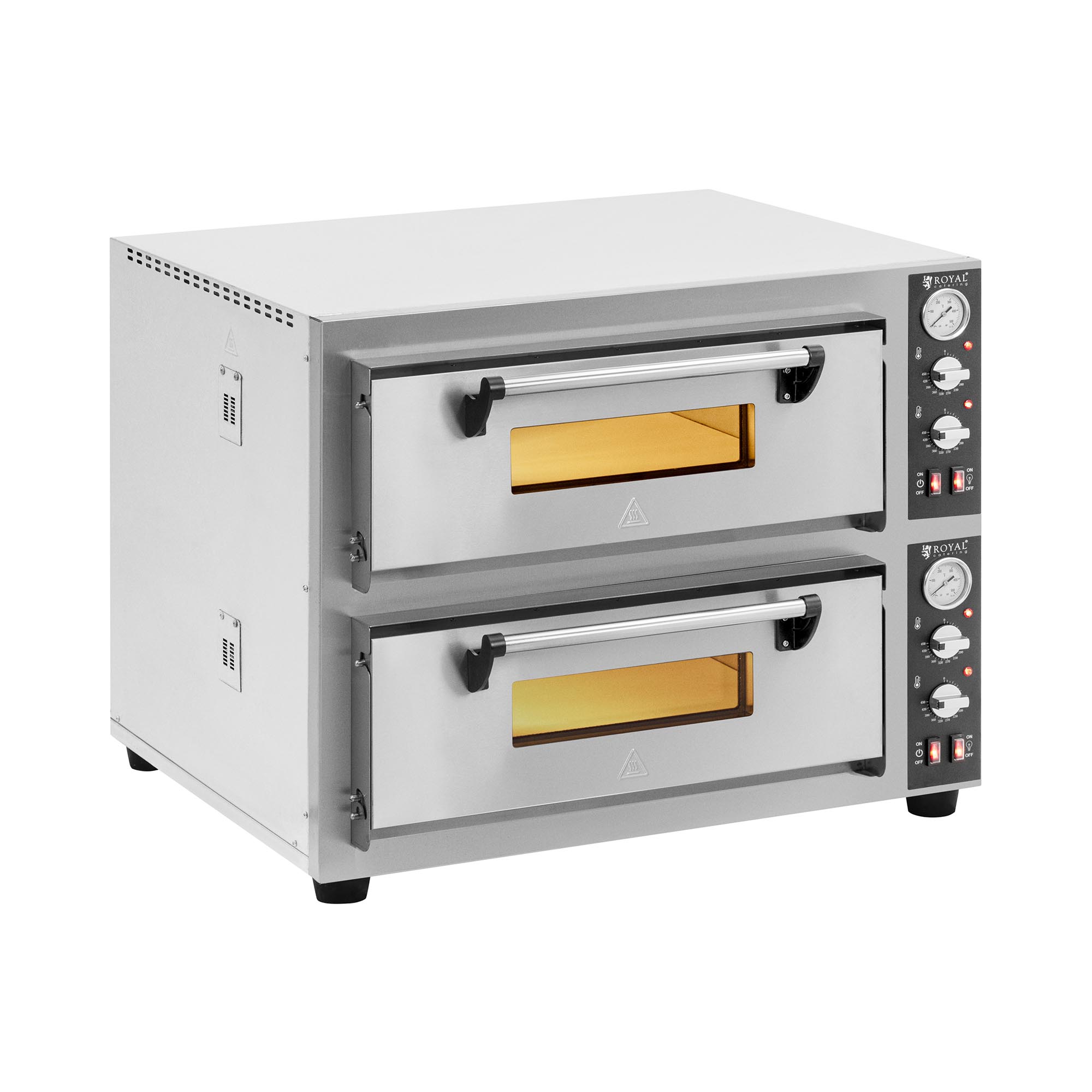 Elektrische Pizzaoven - 4+4 x 30 cm - 2 kamers - 8400 W - 400 V - vuurvaste steen - Royal Catering