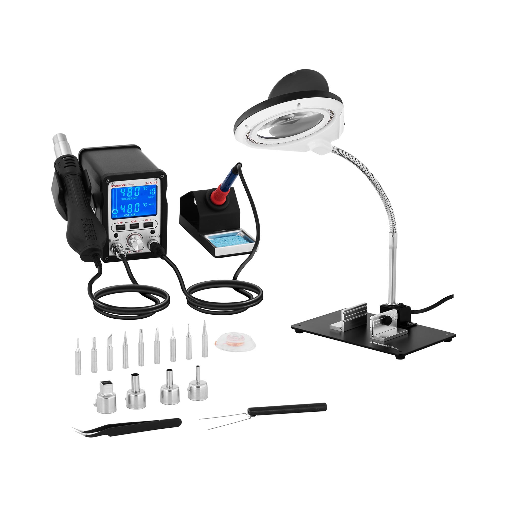 Set - Station de soudage numérique - 70 W - Boutons de sauvegarde + Accessoires + Lampe-loupe | Stamos Soldering