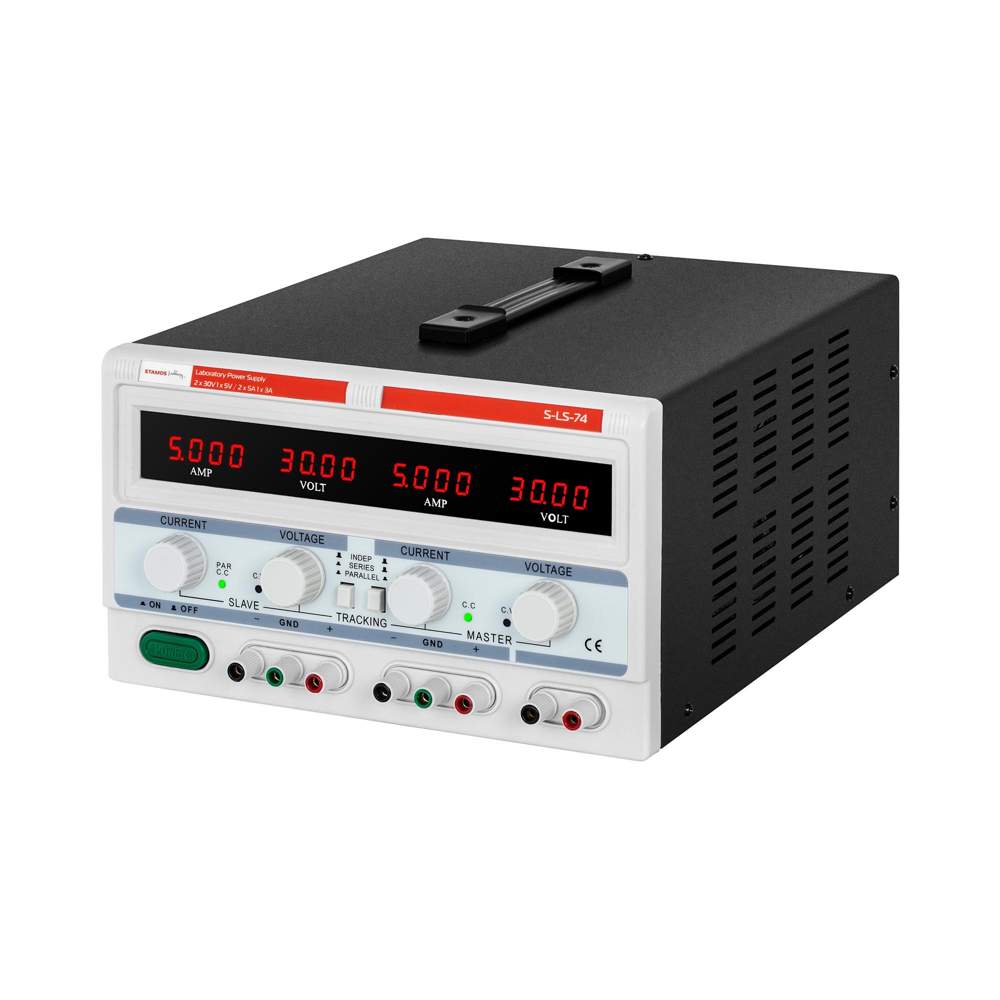 Labvoeding - 2 x 0-30 V / 0-5 A DC - 1 x 5 V / 3 A - 300 W