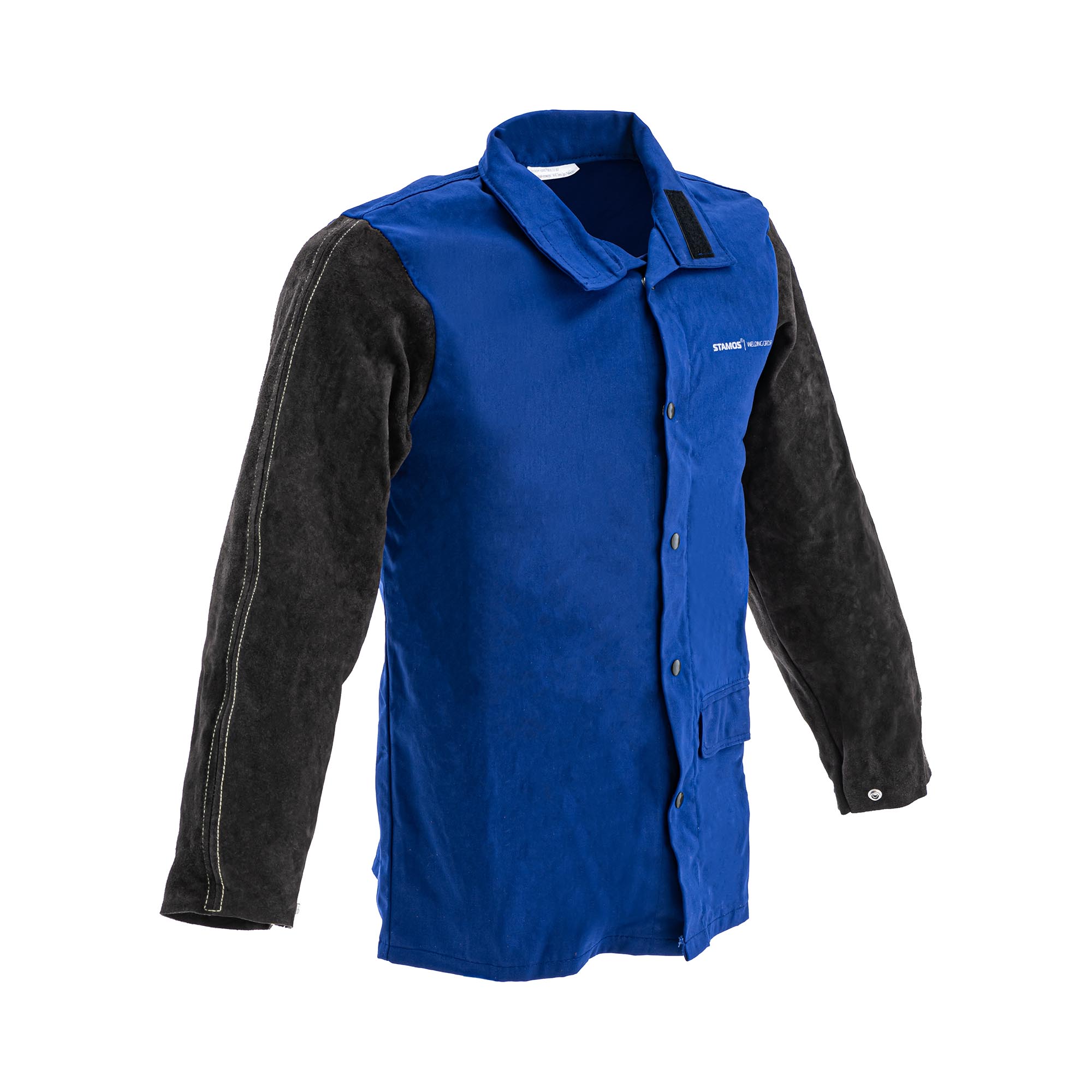 Katoensatijn / rundsplitlederen lasjas - maat L - zwart / blauw