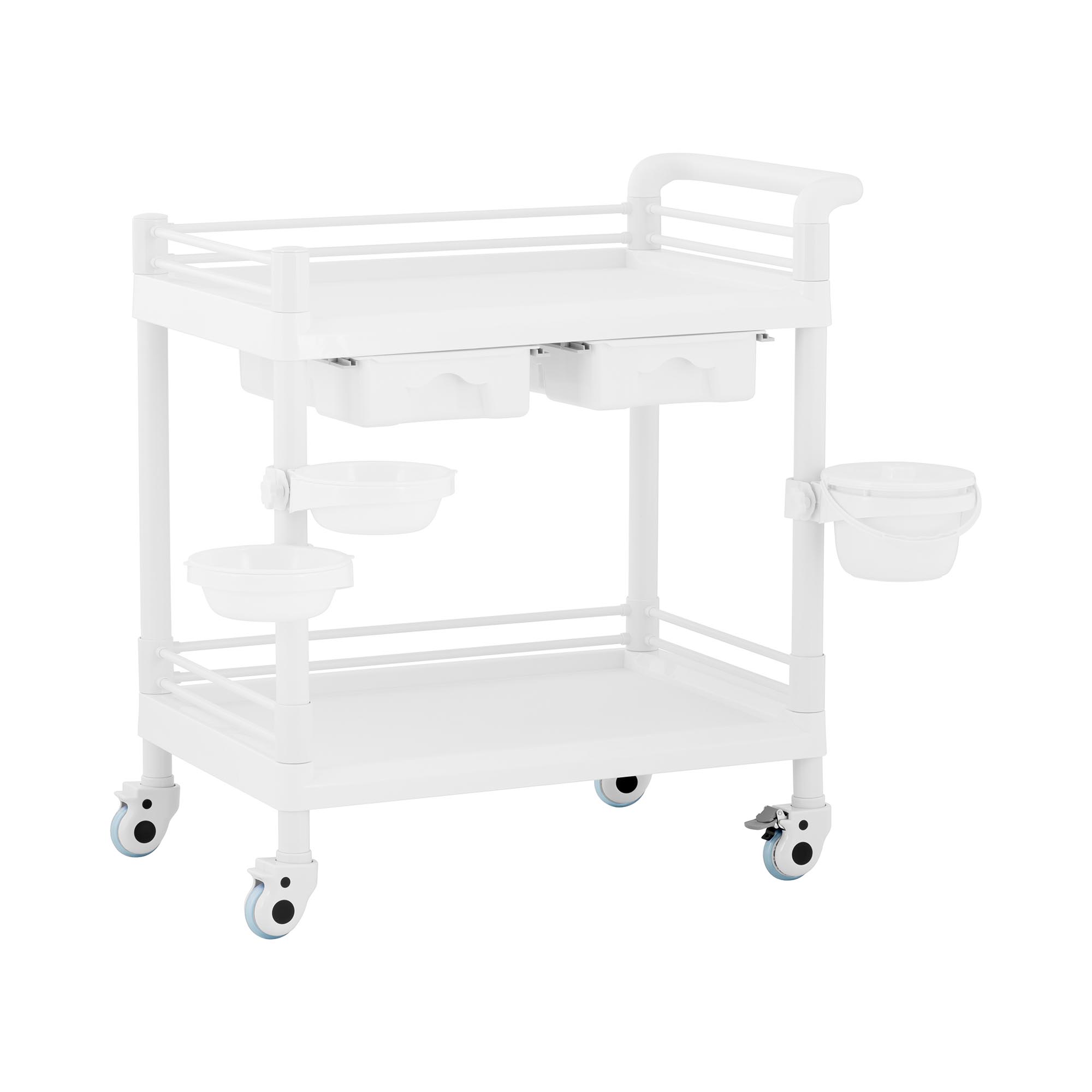 Wózek laboratoryjny - 2 półki po 65 x 46 x 14 cm - 2 szuflady - 3 pojemniki - 36 kg