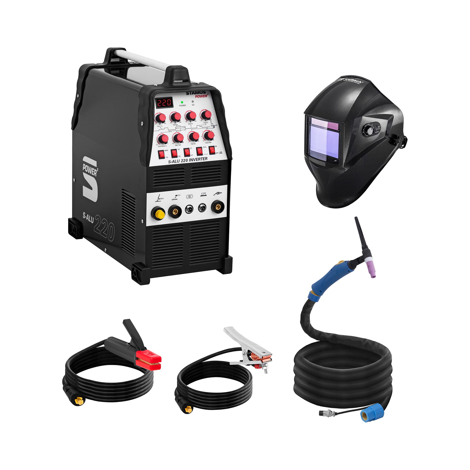 Hegesztő készlet Alumínium hegesztő - 220 A - 230 V - Impulzus - 2/4 Ütem + Hegesztő sisak – Carbonic – PROFESSIONAL SERIES | Stamos Germany