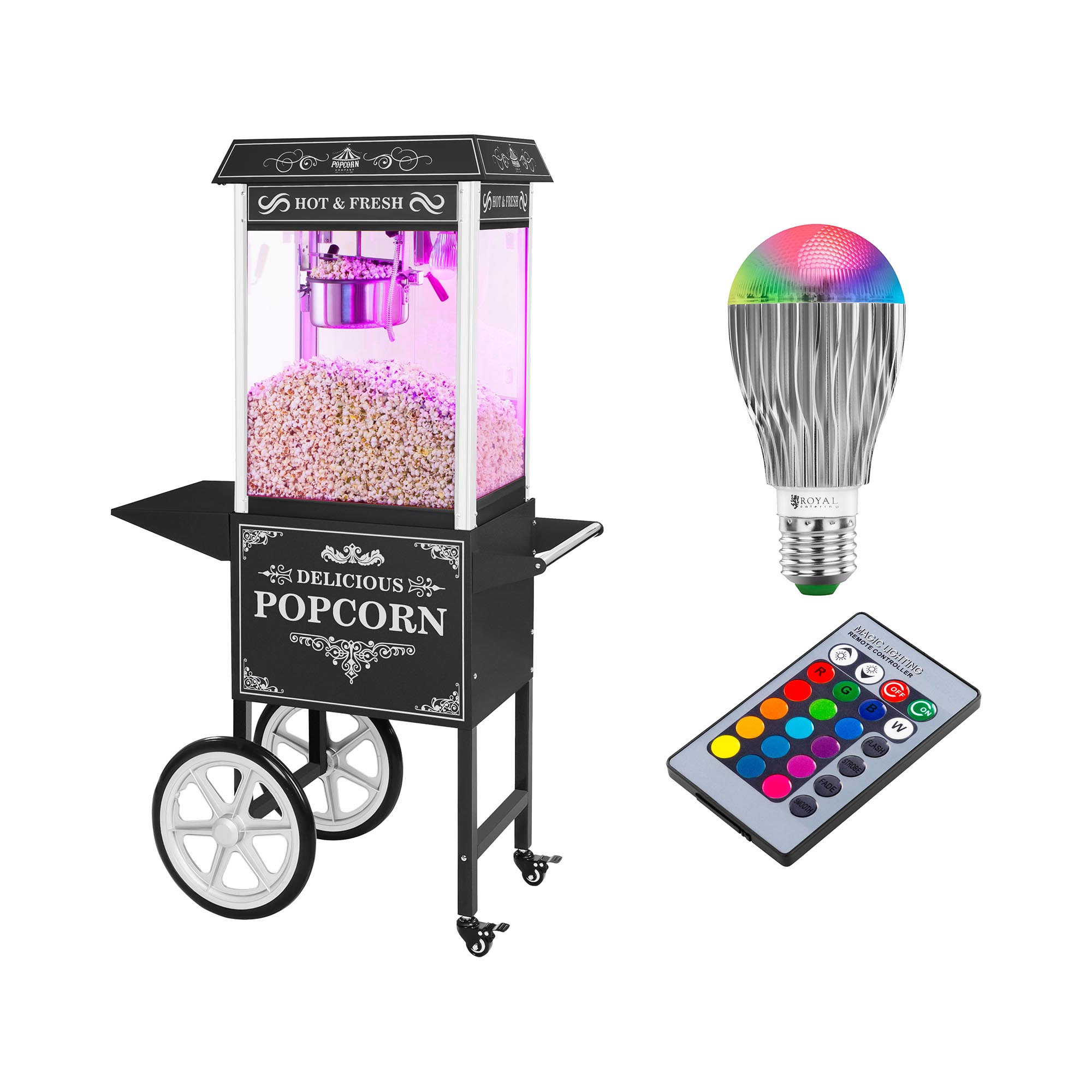 Royal Catering Popcornmaschine mit Wagen und LED-Beleuchtung - Retro-Design - schwarz