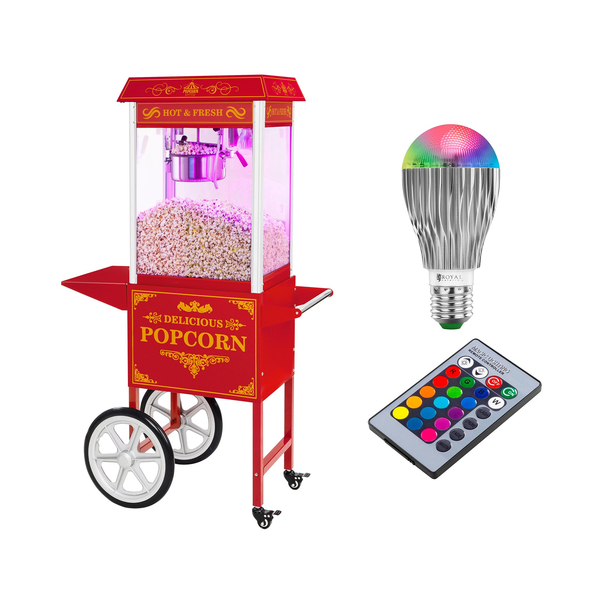 Royal Catering Popcornmaschine mit Wagen und LED-Beleuchtung - Retro-Design - rot