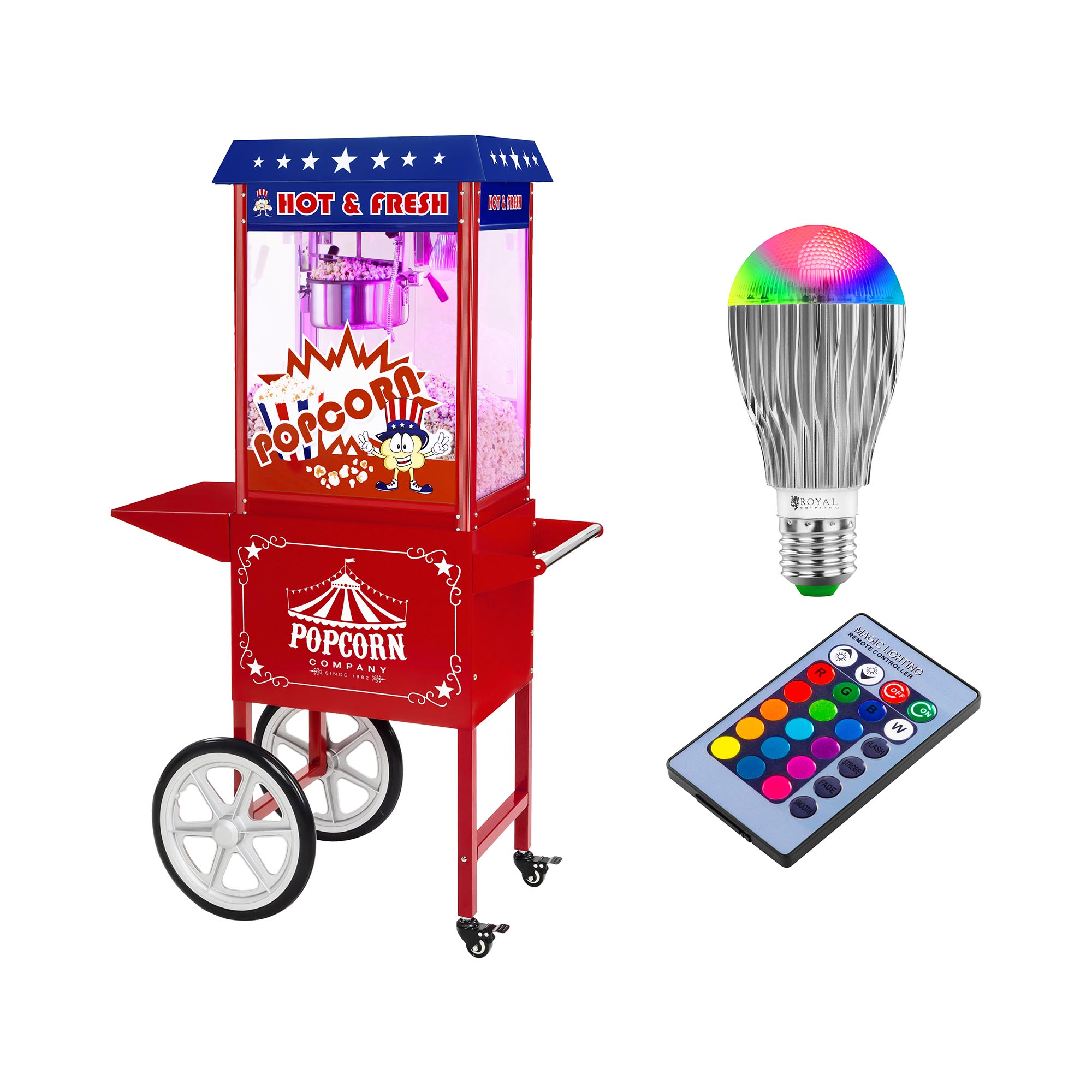 Royal Catering Popcornmaschine mit Wagen und LED-Beleuchtung - USA-Design - rot