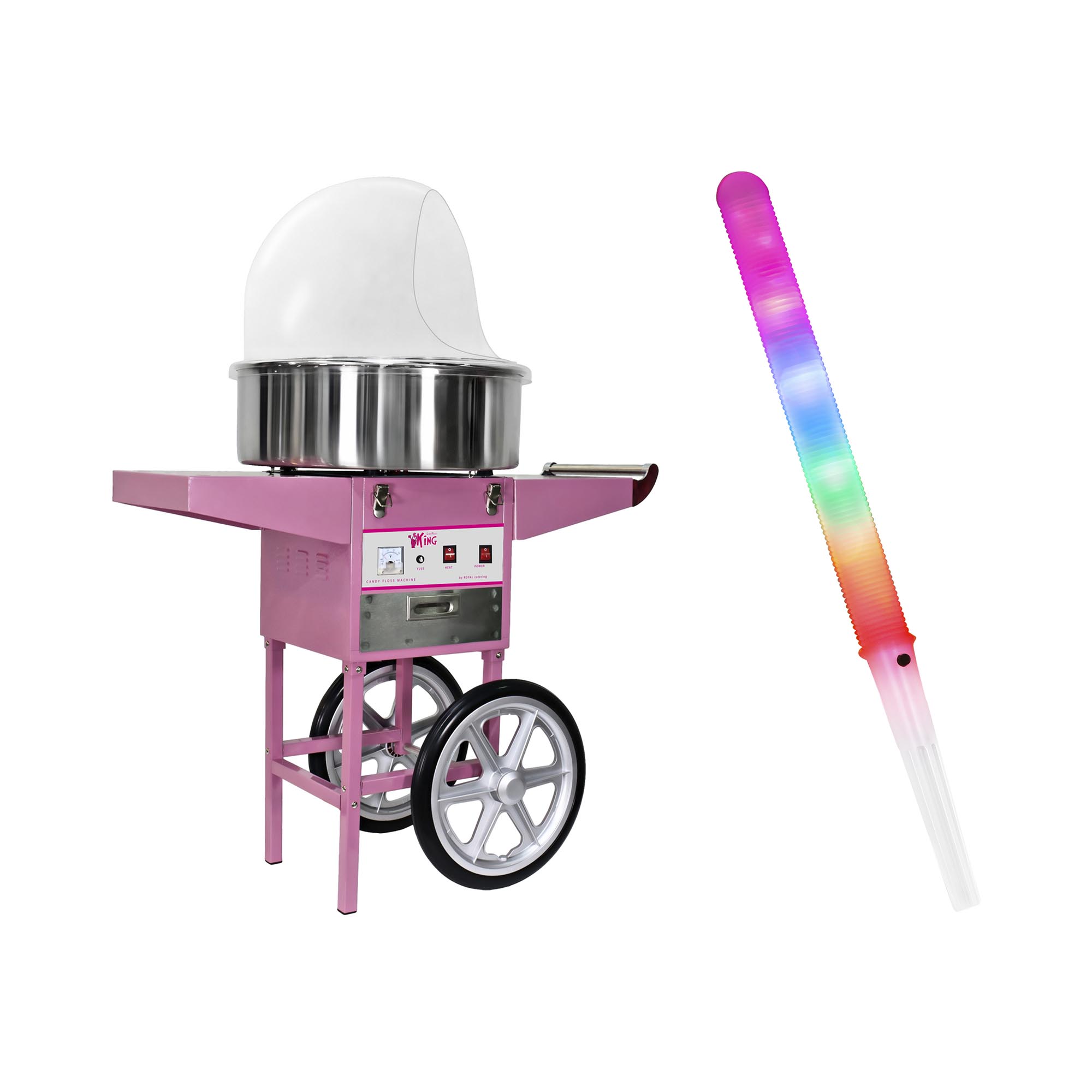 Vattacukor készítő gép készlet LED pálcikákkal - 52 cm - 1.200 W - kocsi- szélfogó bura - 100 db | Royal Catering