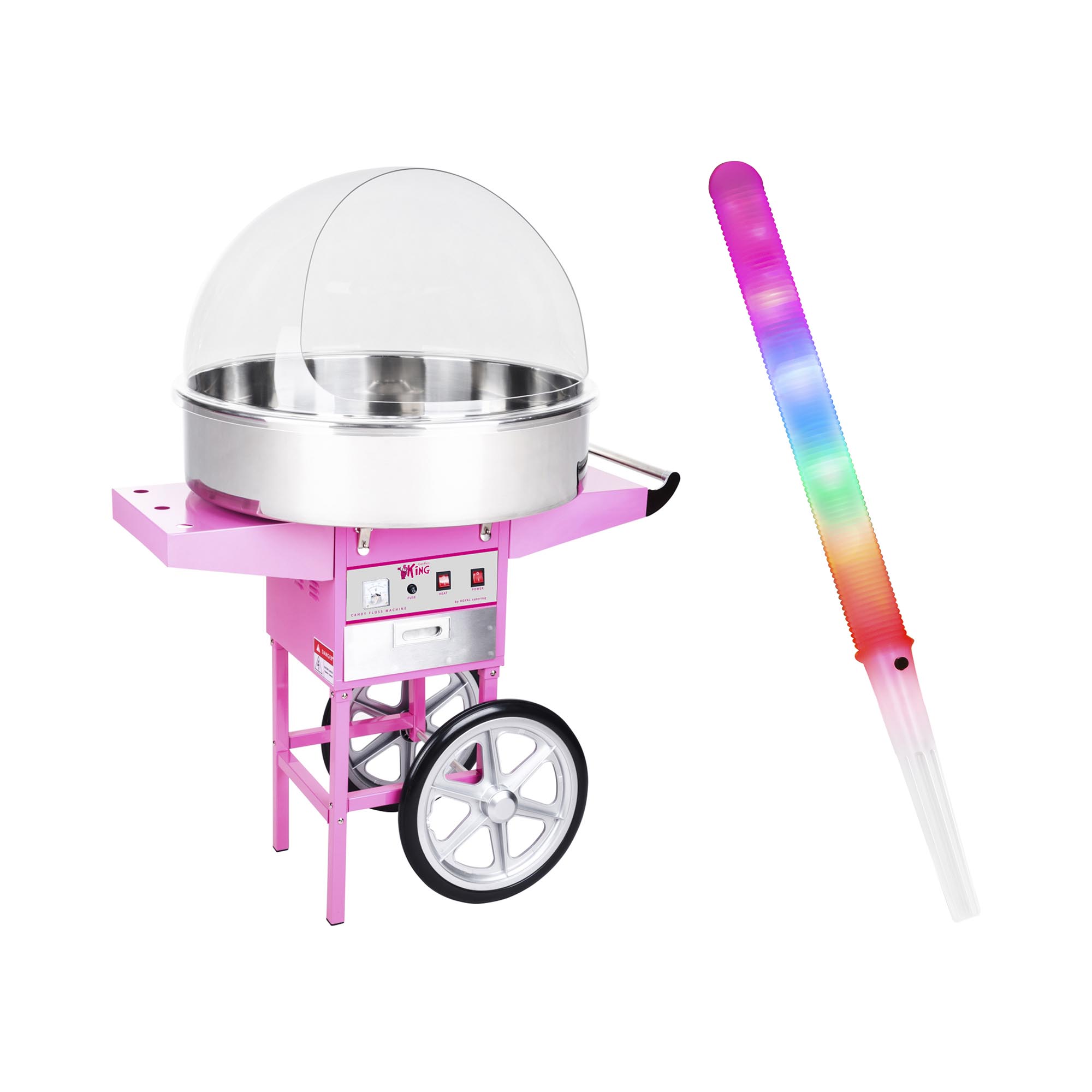 Vattacukor készítő gép készlet LED pálcikákkal - 72 cm - 1.200 W - kocsi- szélfogó bura - 100 db | Royal Catering
