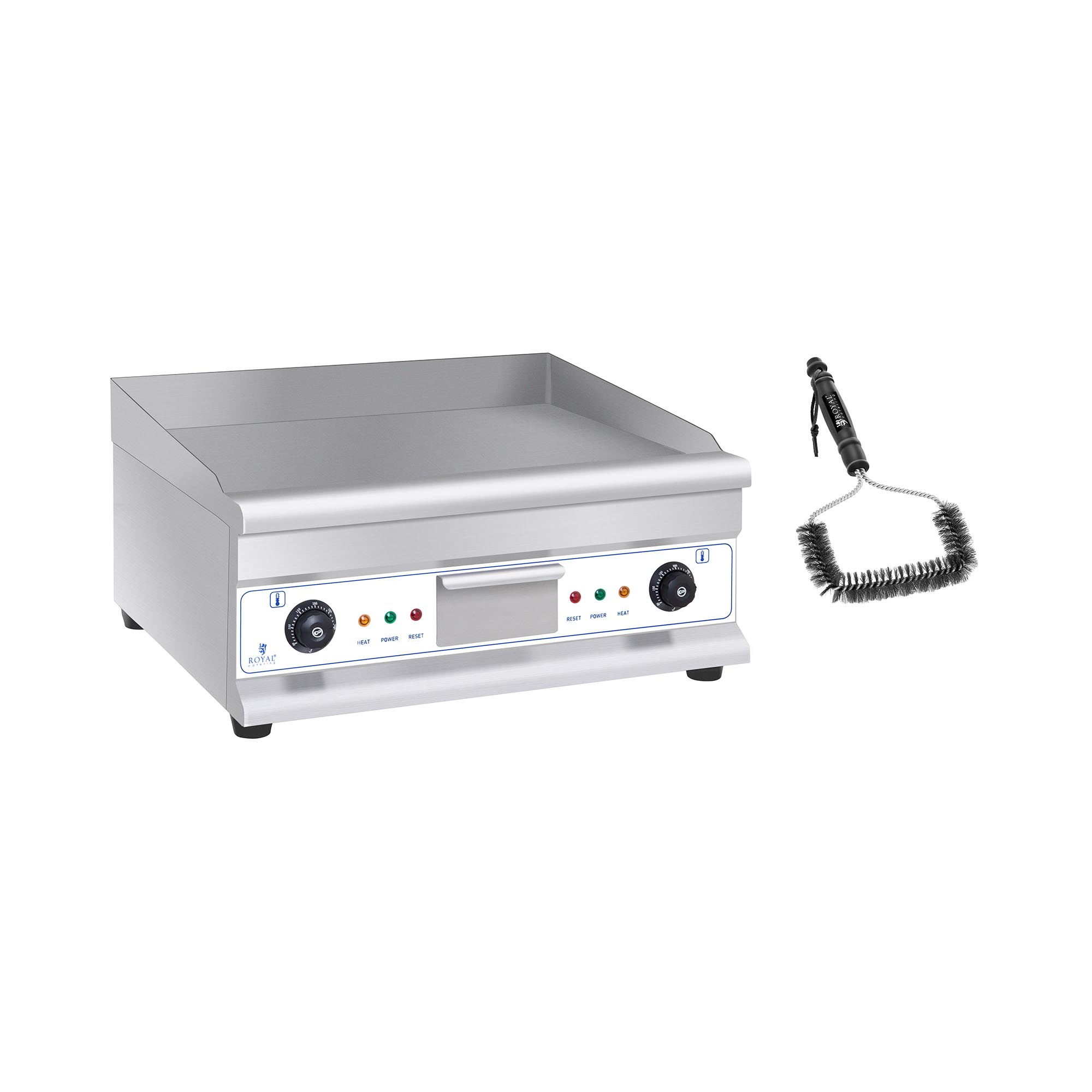 Dupla elektromos grill lap készlet grill kefével - 60 cm - sima - acél - 2 x 3.200 W | Royal Catering
