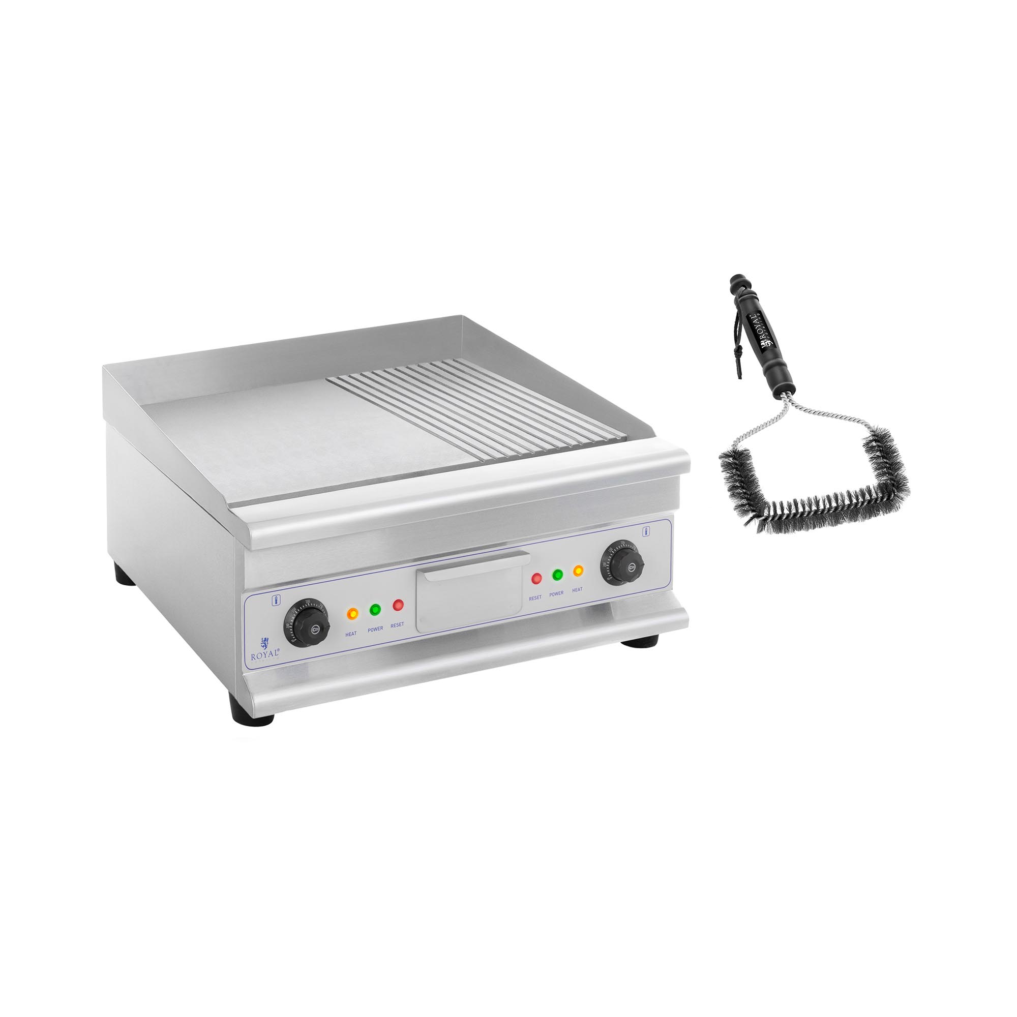Dupla elektromos grill lap készlet grill kefével - 60 cm - sima/bordázott - acél - 2 x 3.200 W | Royal Catering