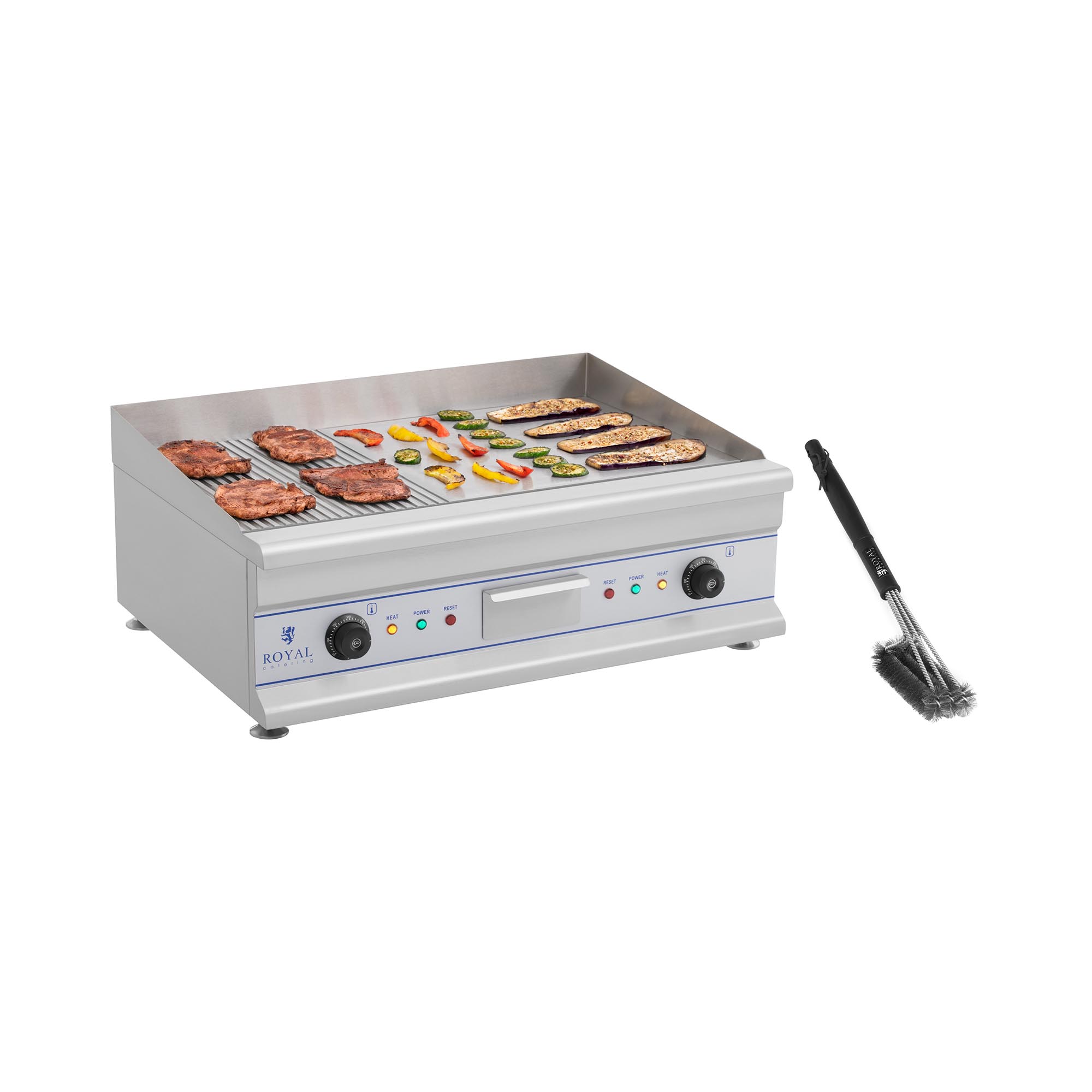 Dupla elektromos grill lap készlet grill kefével - 75 cm - bordázott/sima - 2 x 3.200 W | Royal Catering
