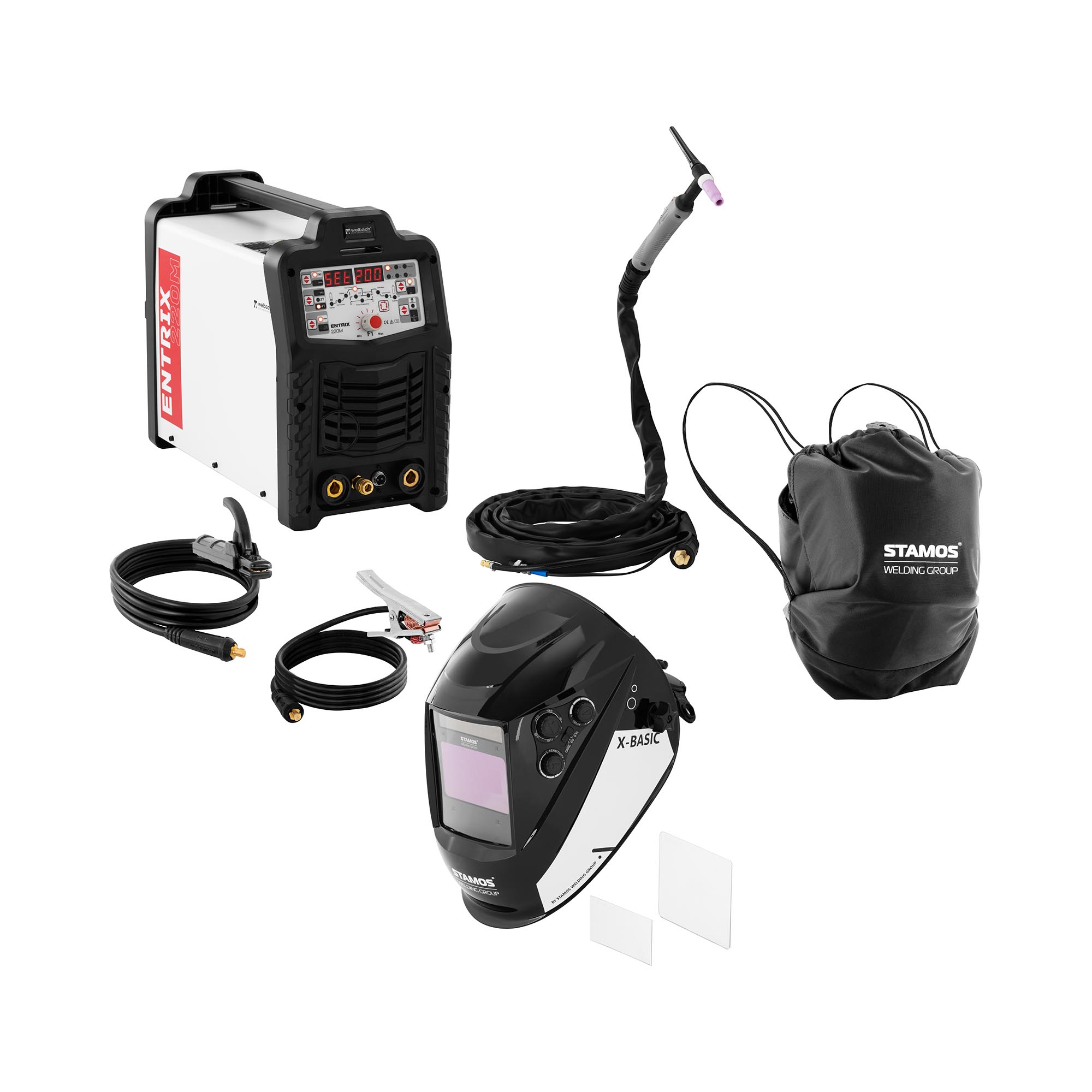 Zestaw spawalniczy - spawarka do aluminium TIG AC/DC - 200 A - cykl pracy 80% - maska spawalnicza X-Basic