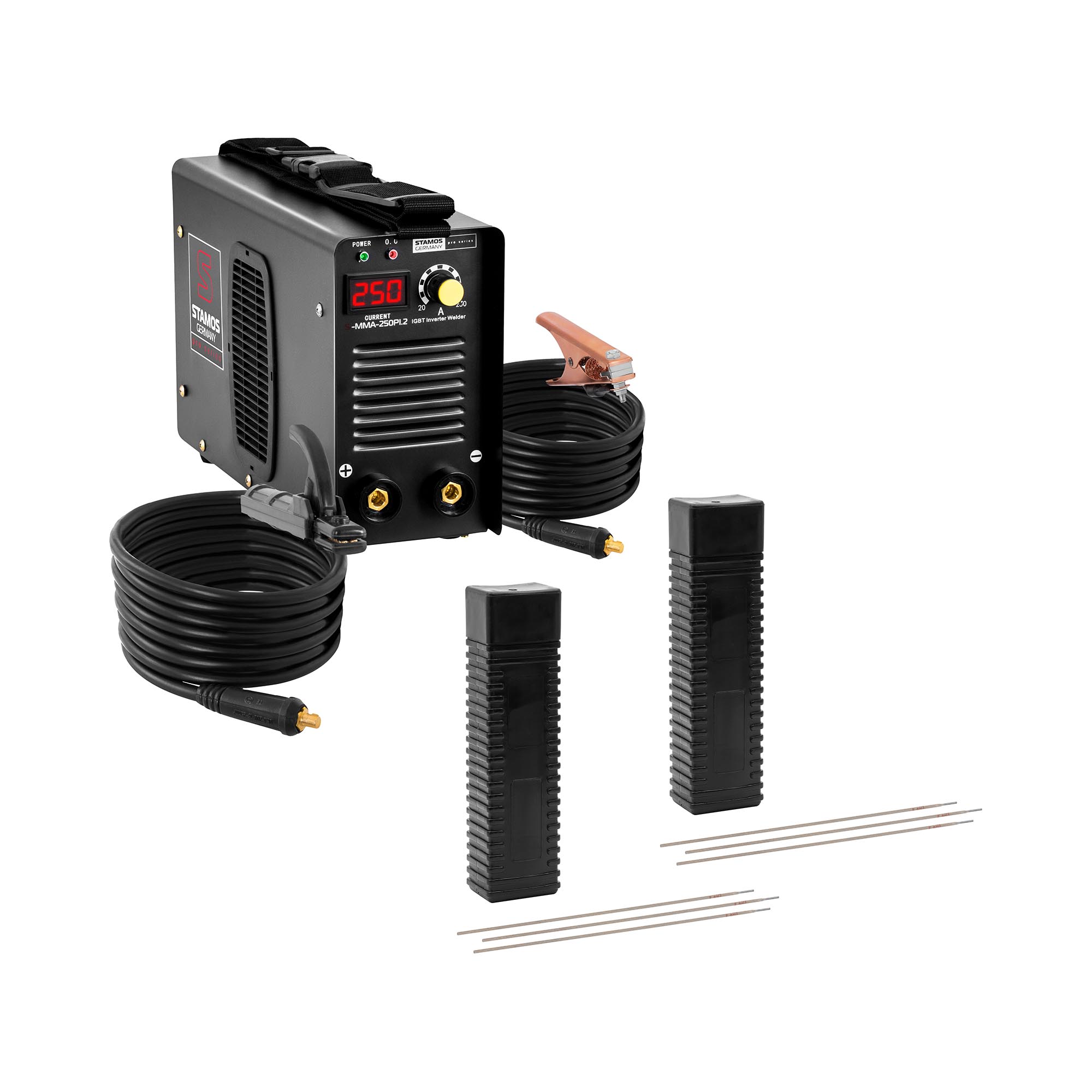 Stamos Welding Group Schweißset Elektroden Schweißgerät - 250 A - 8 m Kabel - 60 % Duty Cycle - Elektroden E6013 - Ø 2,5 x 350 mm - 2 x 5 kg S-MMA-250PI.2-SET-2