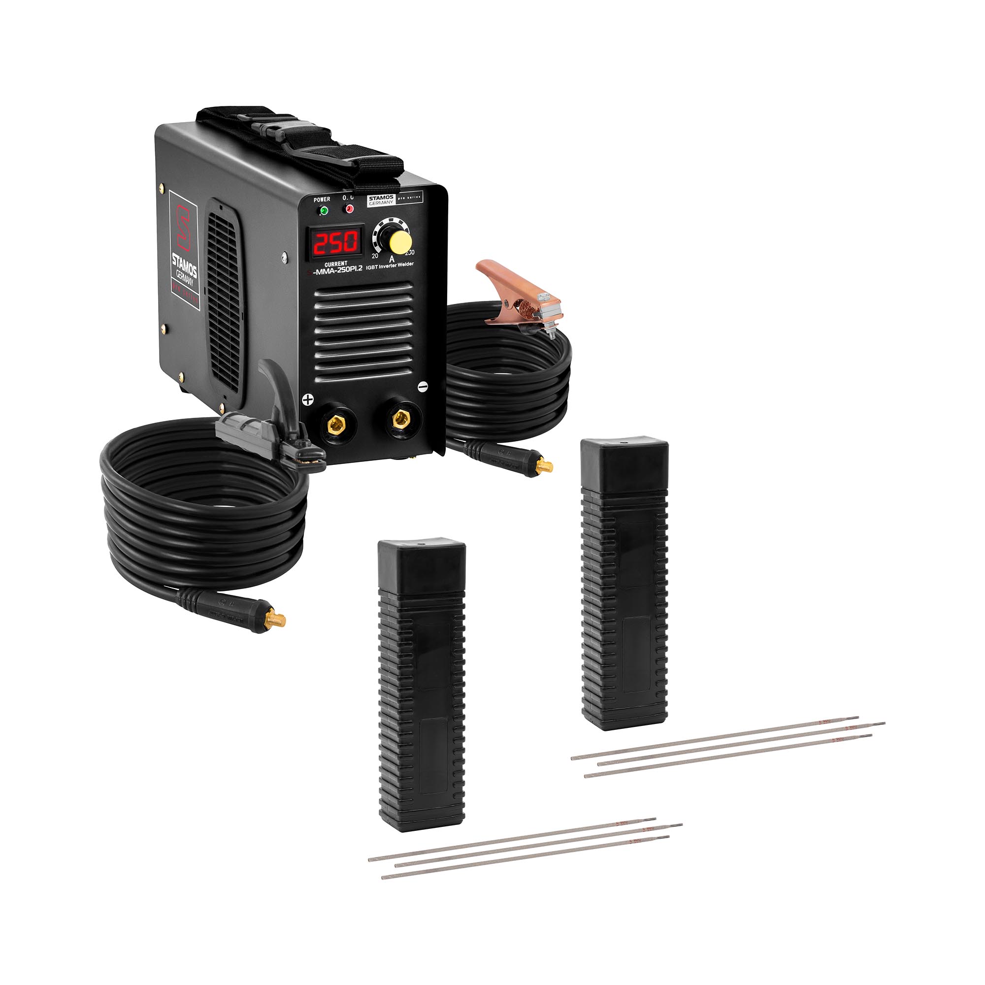 Hegesztőkészlet MMA hegesztőgép - 250 A - 8 m-es kábel - 60% Duty Cycle - elektródák E6013 - rutil-cellulóz - Ø 3.2 x 350 mm - 2 x 5 kg | Stamos Welding Group