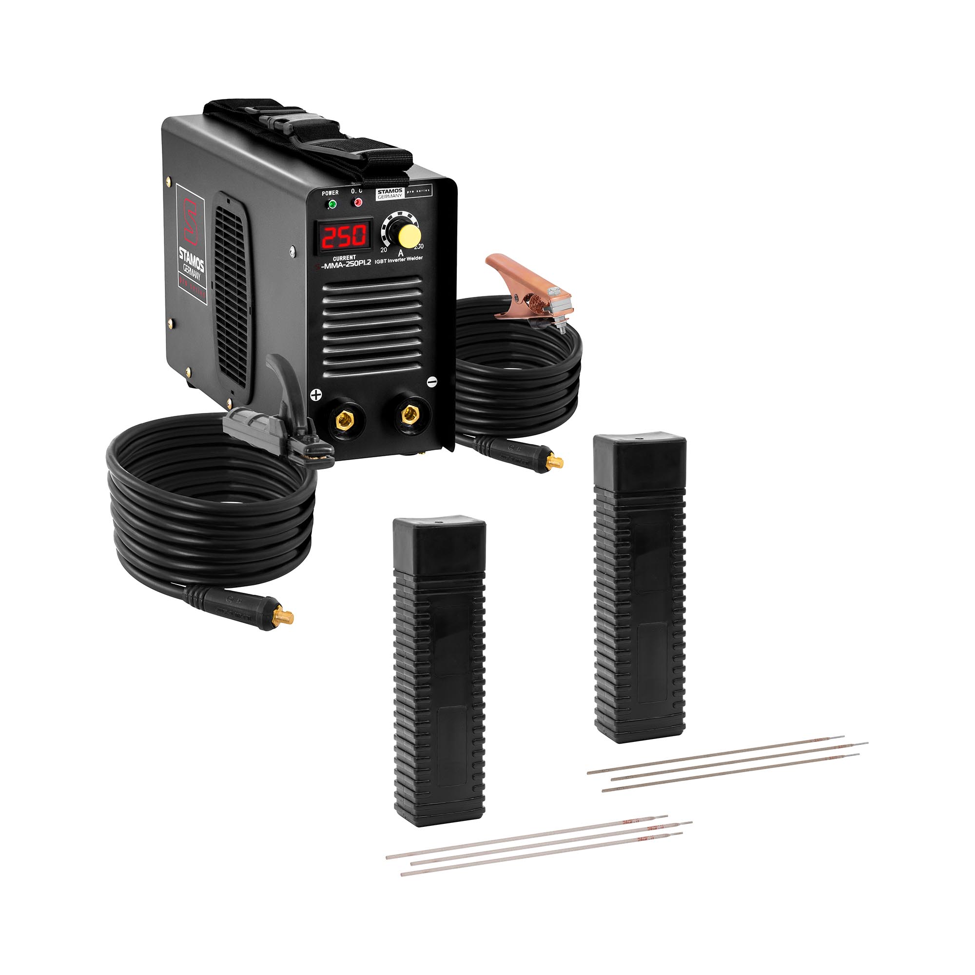 Hegesztőkészlet MMA hegesztőgép - 250 A - 8 m-es kábel - 60% Duty Cycle - elektródák - E6013 - Ø 2 x 300 mm - 5 kg & E316L-17 - 2,5 x 350 mm - 5 kg | Stamos Welding Group