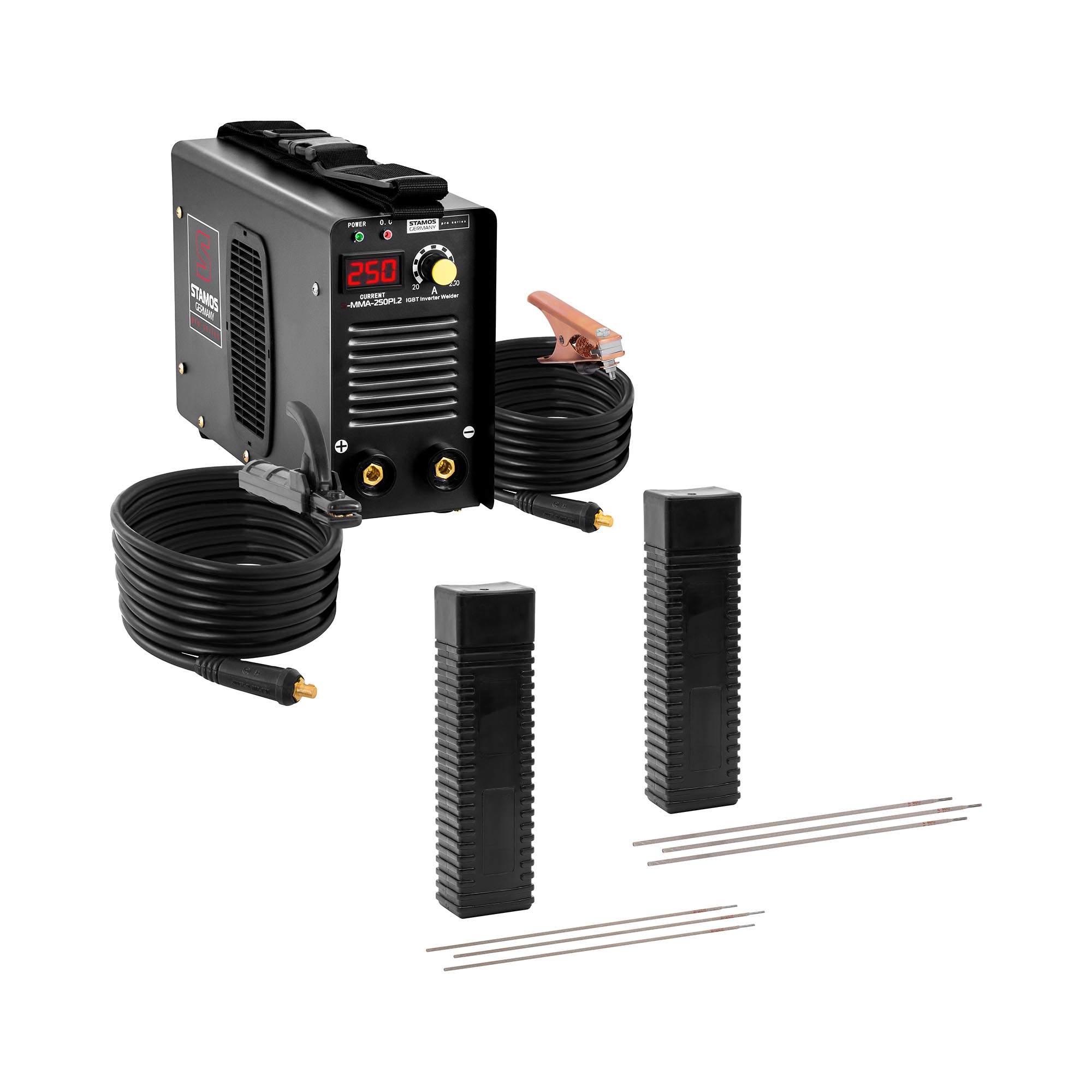 Hegesztőkészlet MMA hegesztőgép - 250 A - 8 m-es kábel - 60%-os Duty Cycle - E6013 elektródák - Ø 2,5 x 350 mm - 5 kg & E6013 - Ø 3,2 x 350 mm - 5 kg | Stamos Welding Group