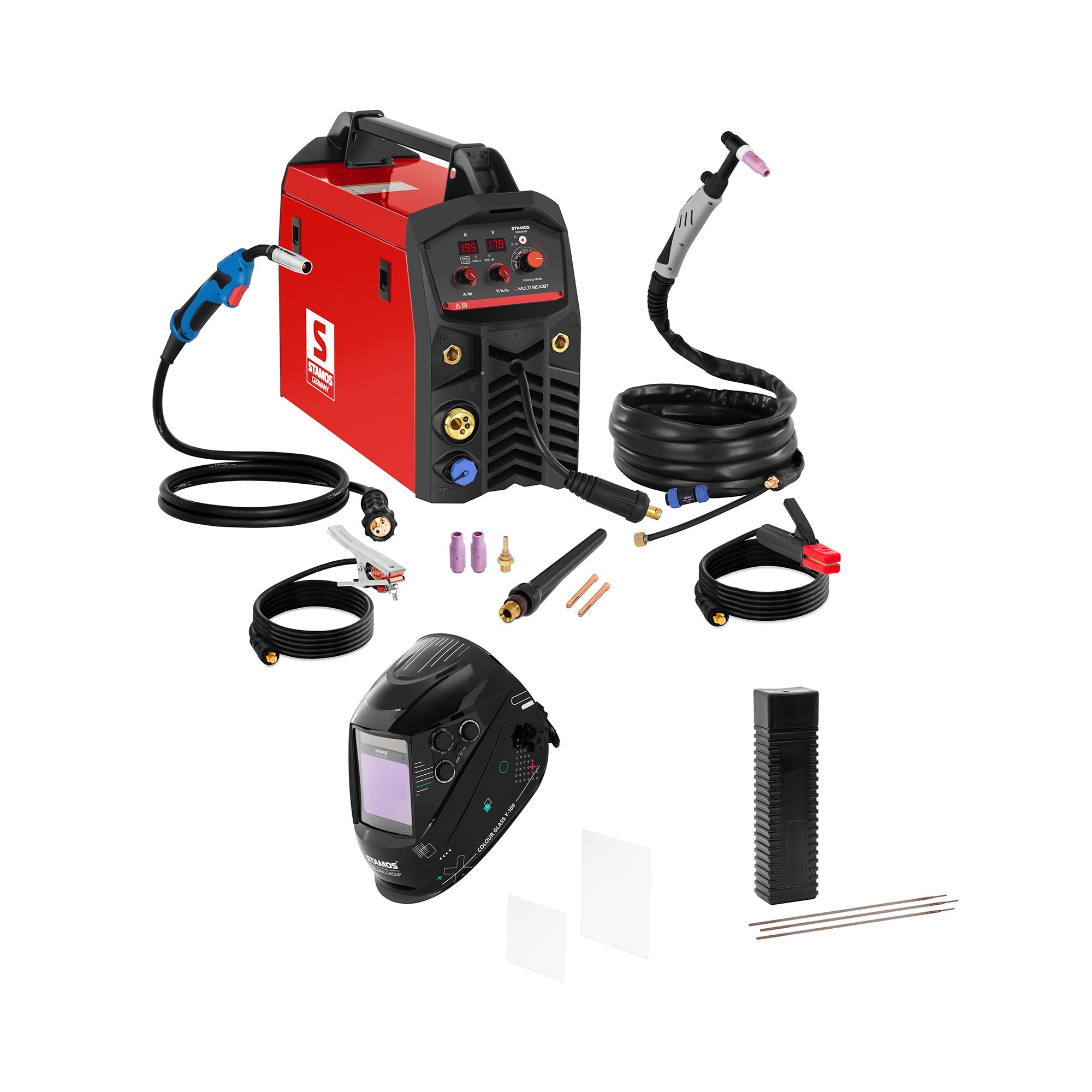Multifunkciós hegesztőgép - 195 A - VRD / szinergia - hegesztősisak Color Glass Y-100 - elektróda E7018 - bázikus - Ø 2,5 x 350 mm - 5 kg | Stamos Welding Group