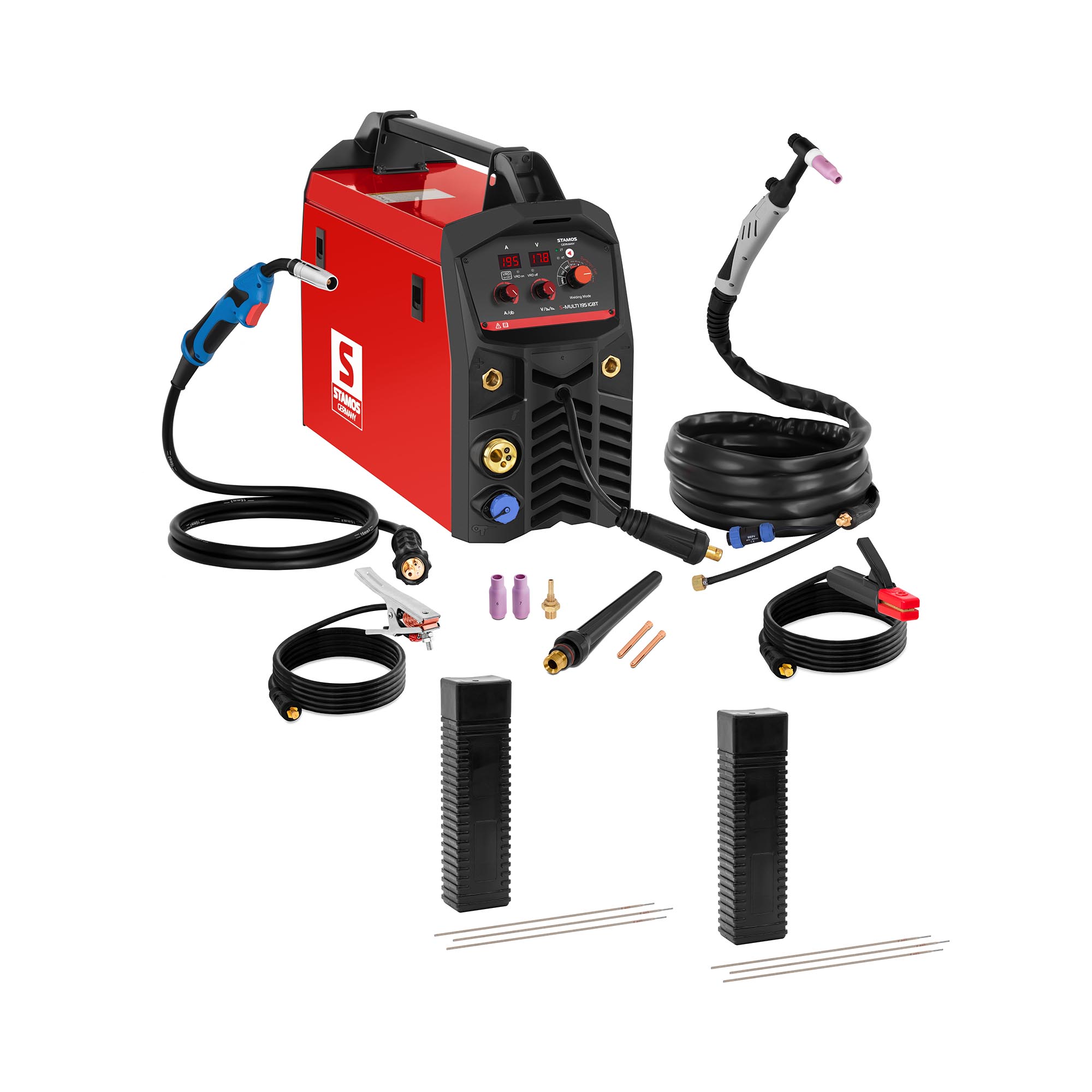 Multifunkciós hegesztőgép - 195 A - VRD / szinergia - elektródák E6013 - Ø 2,5 x 350 mm - 2 x 5 kg | Stamos Welding Group