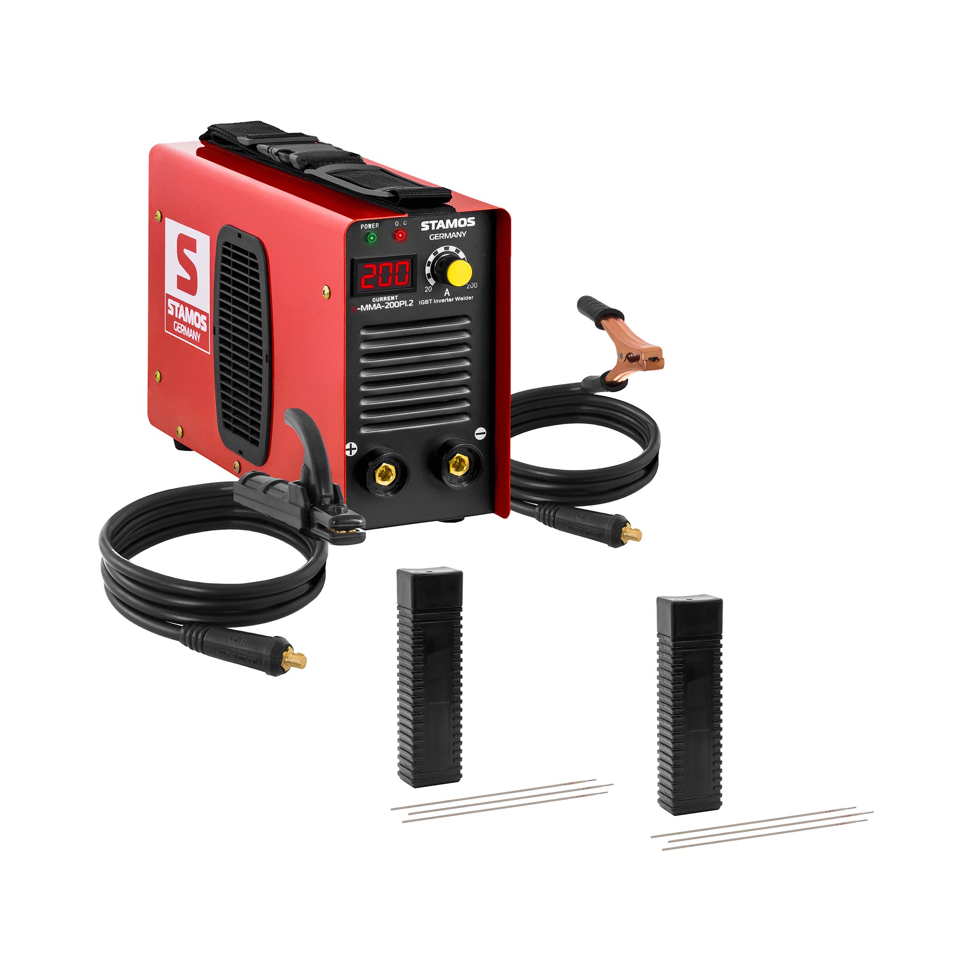 Stamos Welding Group Schweißset Elektroden Schweißgerät - 200 A - 60 % Duty Cycle - Elektroden E6013 - Ø 2,5 x 350 mm - 2 x 5 kg S-MMA-200PI.2-SET-2