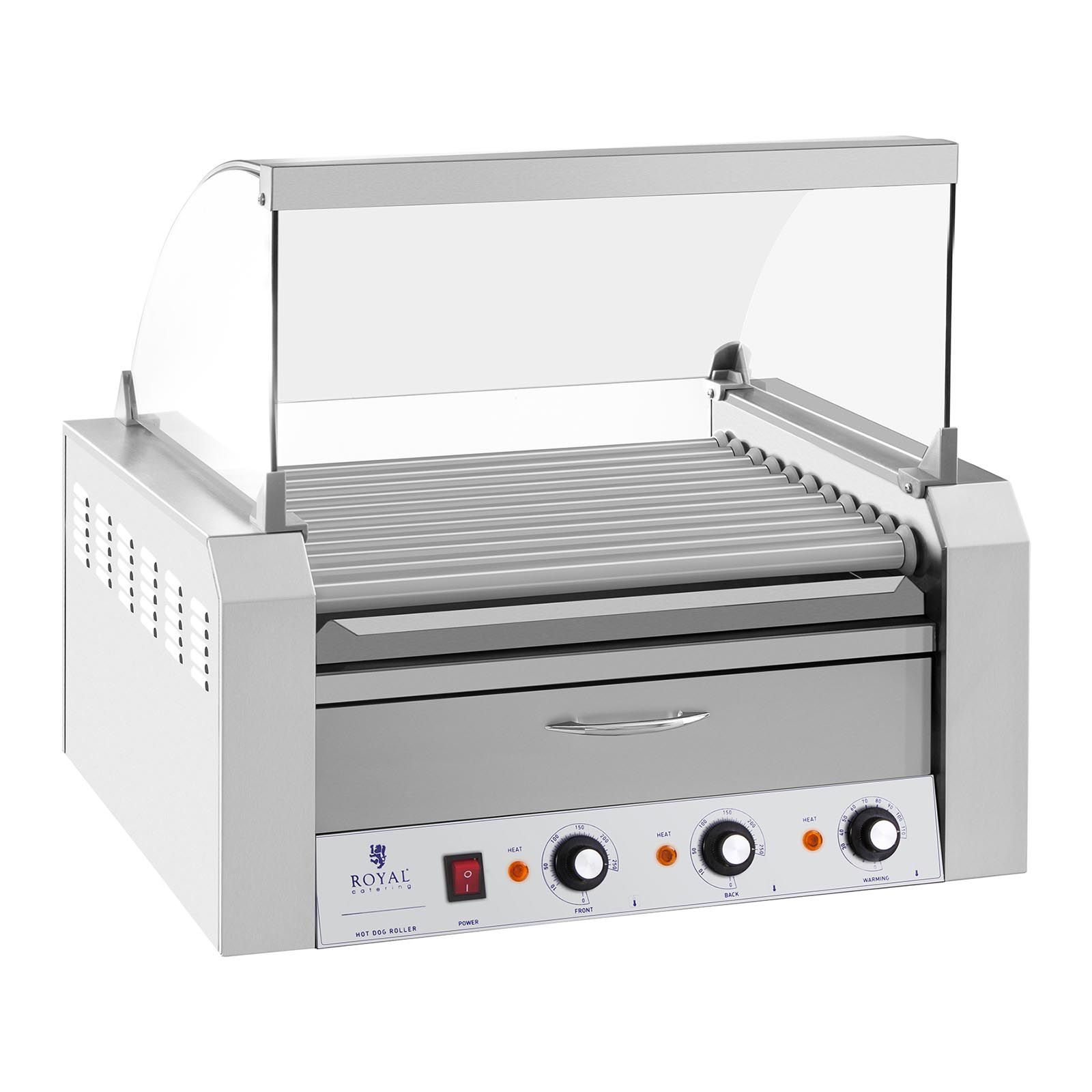 Royal Catering B-Ware Hot Dog Grill - 11 Rollen - Wärmeschublade - Edelstahl