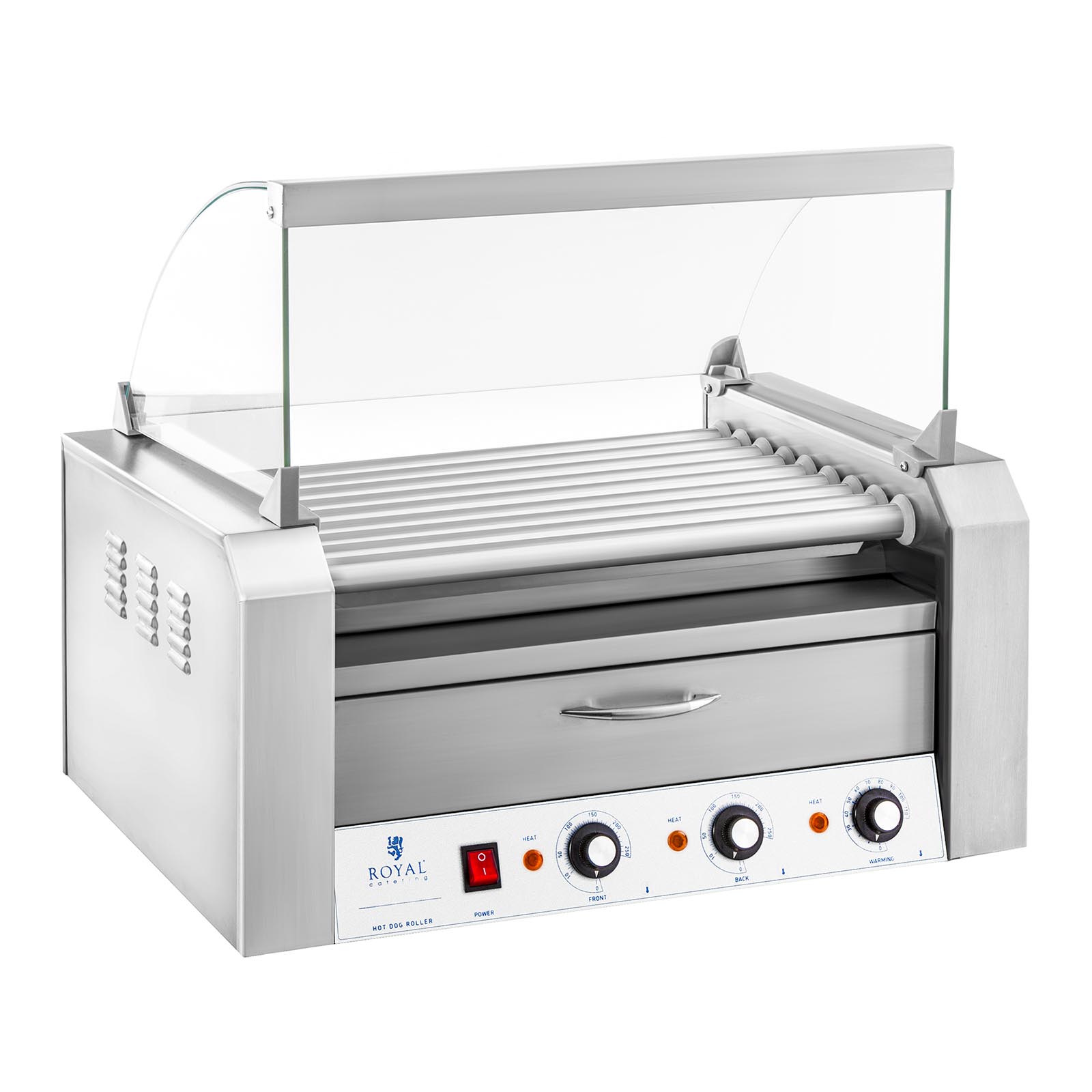 Royal Catering B-Ware Hot Dog Grill - 9 Rollen - Wärmeschublade - Edelstahl