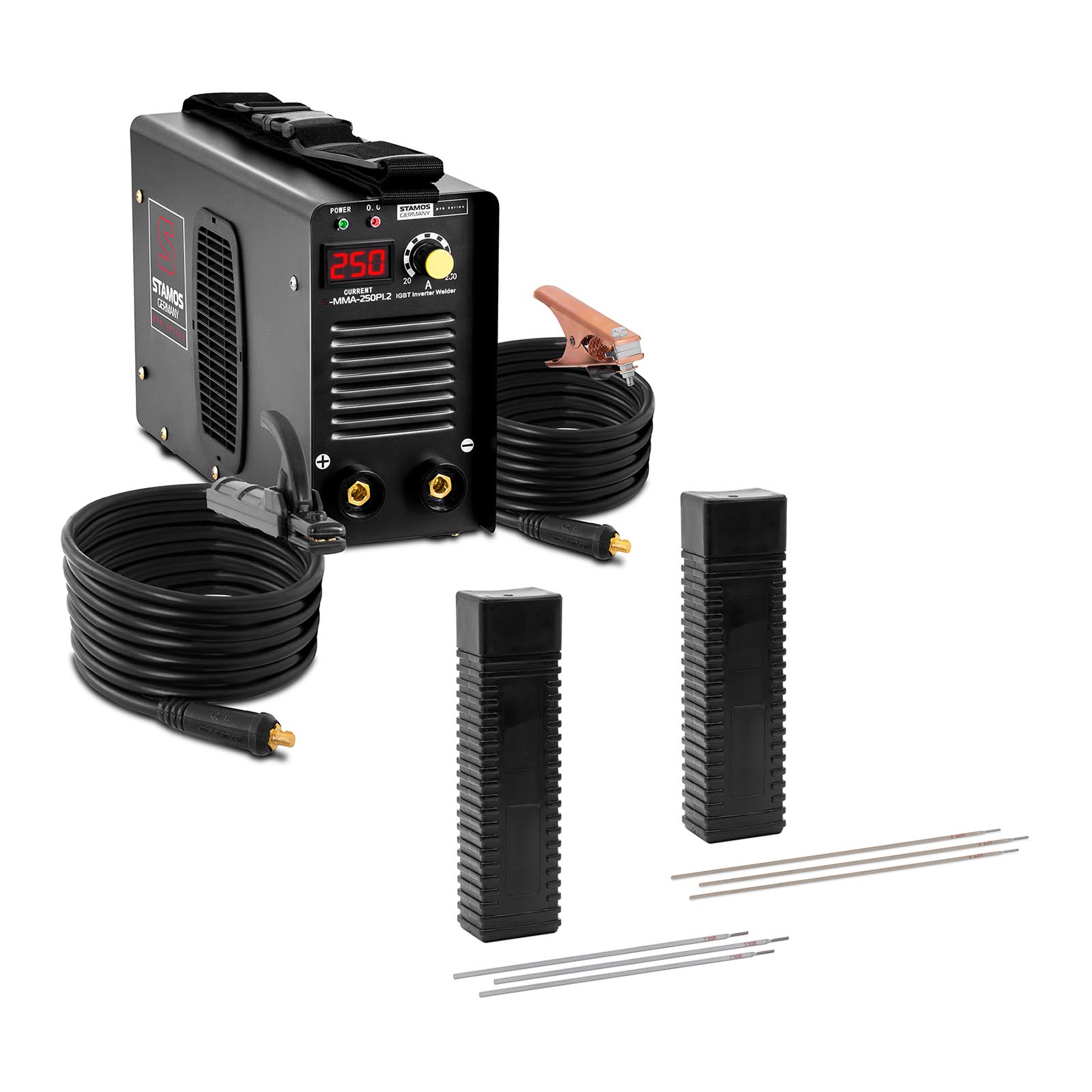 Schweißset Elektroden Schweißgerät - 250 A - 8 m Kabel - 60 % Duty Cycle - Elektroden E308L-17 - 2,5 x 300 mm - 5 kg & E6013 - Ø 2,5 x 350 mm - 5 kg